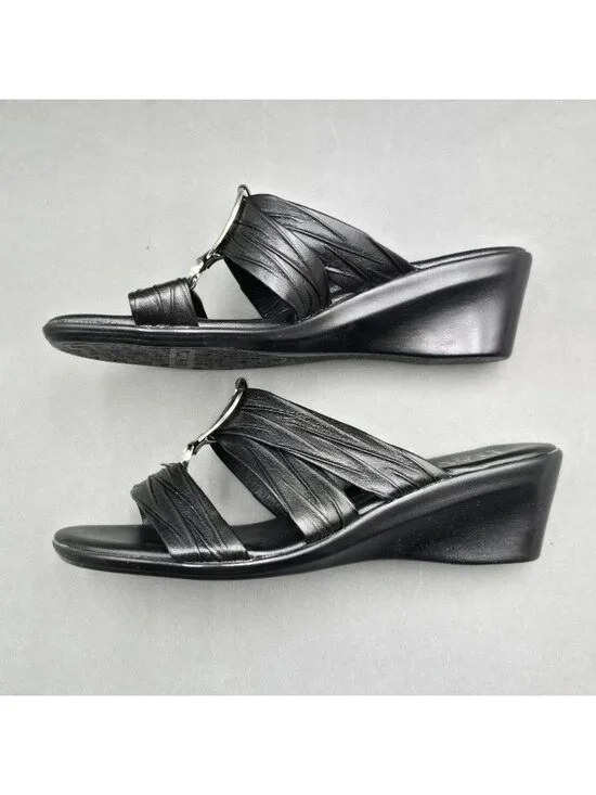 Italian Shoemakers Aleena Black Wedge Sandals Size 7 M Rhinestone Detail Slide - Picture 4 of 8